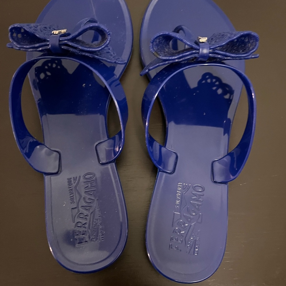 Salvatore Ferragamo Cobalt Blue Jelly Bow Thong Sandals - Picture 2 of 3
